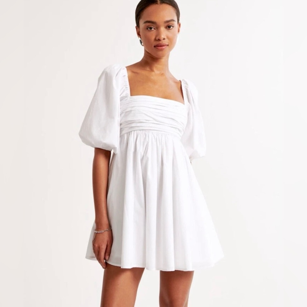 Abercrombie & Fitch Emerson Poplin Puff Sleeve Ruched Mini Dress White szXS tall - Picture 7 of 12